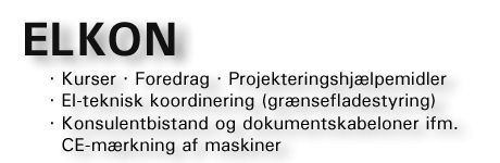 ELKON - kurser, foredrag, projekteringshj&aelig;lpemidler, El-teknisk koordinering, Gr&aelig;nsefladestyring, Konsulentbistand, Dokumentskabeloner, CE-m&aelig;rkning